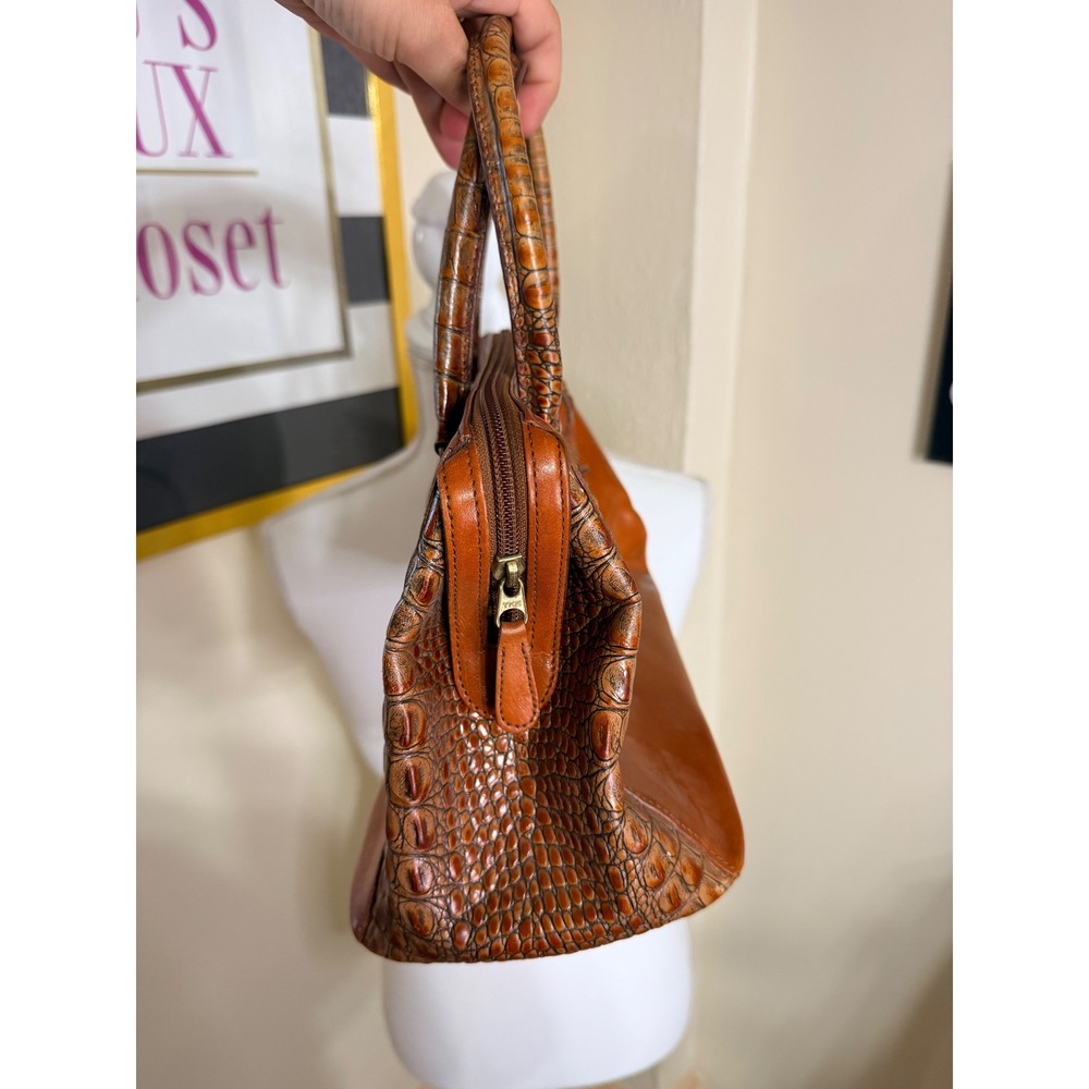 Brahmin Cognac Brown Leather Crocodile Embossed Satchel Handbag Zip Top Purse - Picture 4 of 6